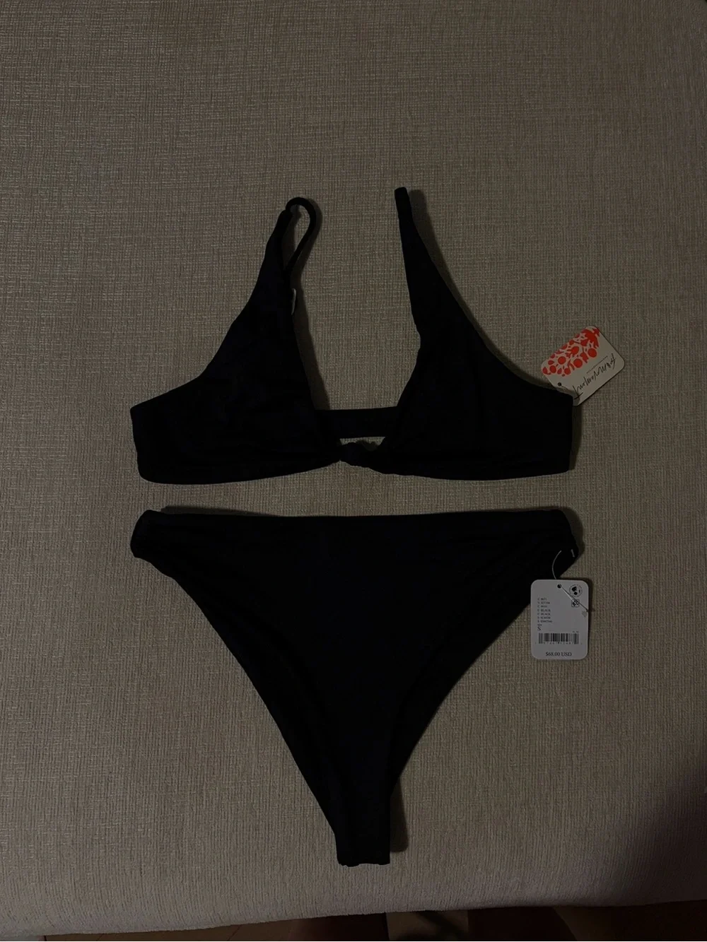 FP Toast Swim Bikini Set Knot Top Cinch High-Waisted Bottoms Black Small NWT NEW